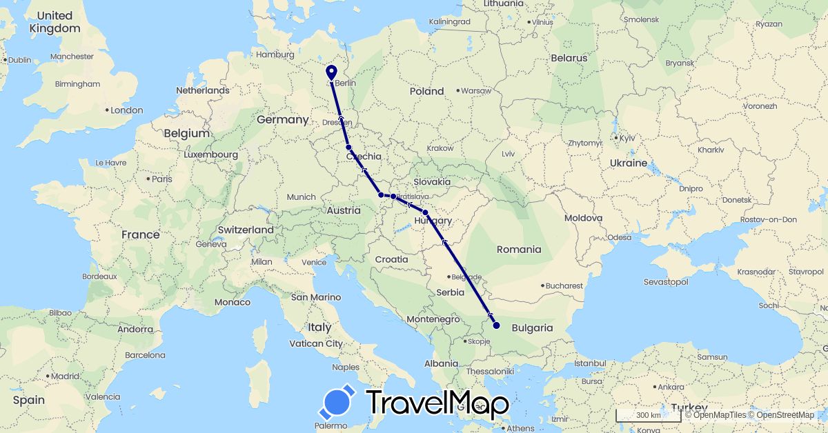 TravelMap itinerary: driving in Austria, Bulgaria, Czech Republic, Germany, Hungary, Slovakia (Europe)