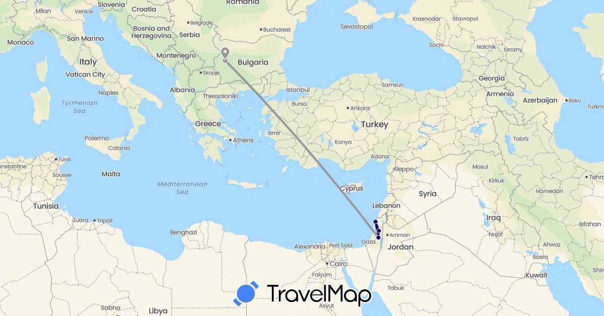 TravelMap itinerary: driving, plane, hiking in Bulgaria, Israel, Palestinian Territories (Asia, Europe)
